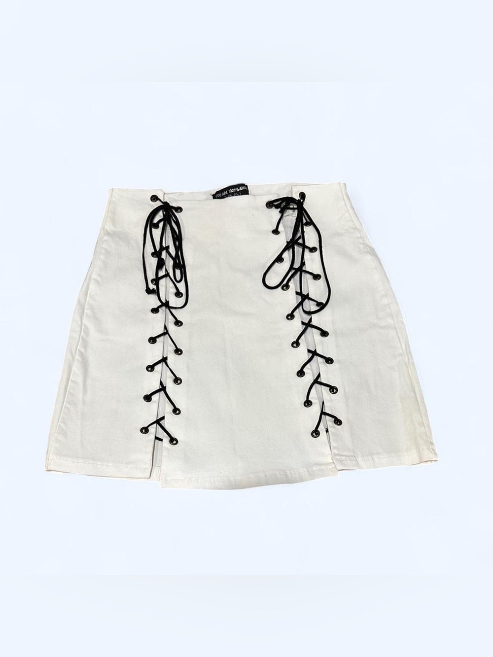 O-mighty 1000% angel white mini skirt with black lace-up detail S